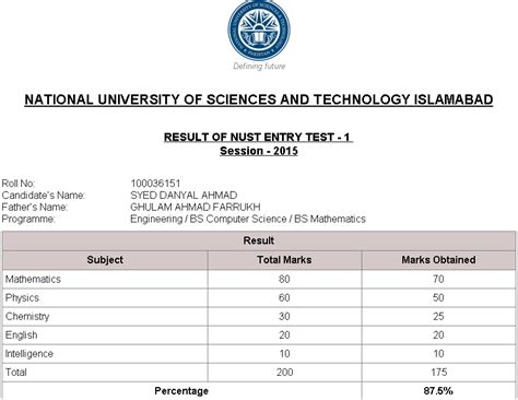nust entry test result.